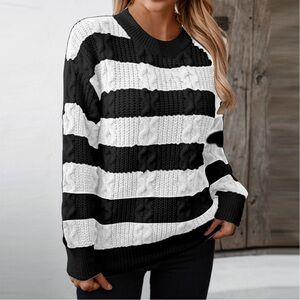 NWT Time and Tru Black & White Striped Cable Knit Oversized Sweater XL